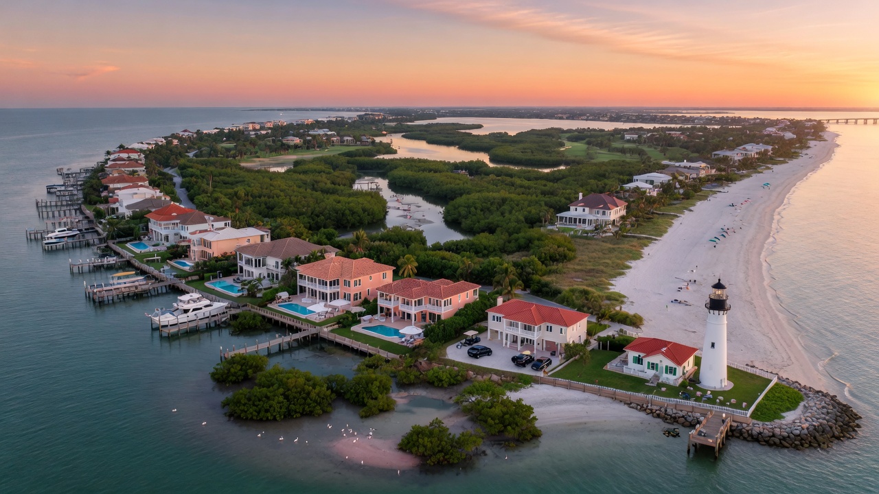 Ultra-realistic 8K aerial photograph of Sanibel Island Florida showing luxury waterfront homes, mangrove forests, pristine beaches, and the iconic Sanibel Lighthouse at sunrise