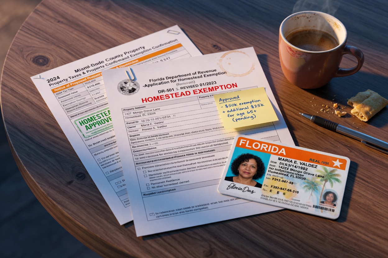 Ultra detailed 8K image of Florida homestead exemption tax documents and Florida drivers license on wooden table with coffee