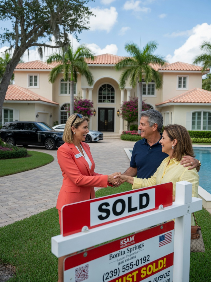 Ultra-realistic 8K image of a real estate agent shaking hands with clients in front of a sold luxury home in Bonita Springs with a sold sign in the foreground