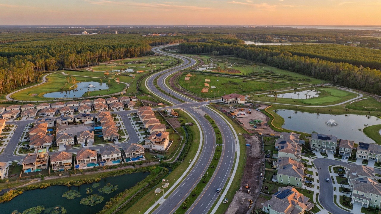 Realistic 8K photograph of aerial view of Corkscrew Road in Estero Florida showing new communities and preserved land