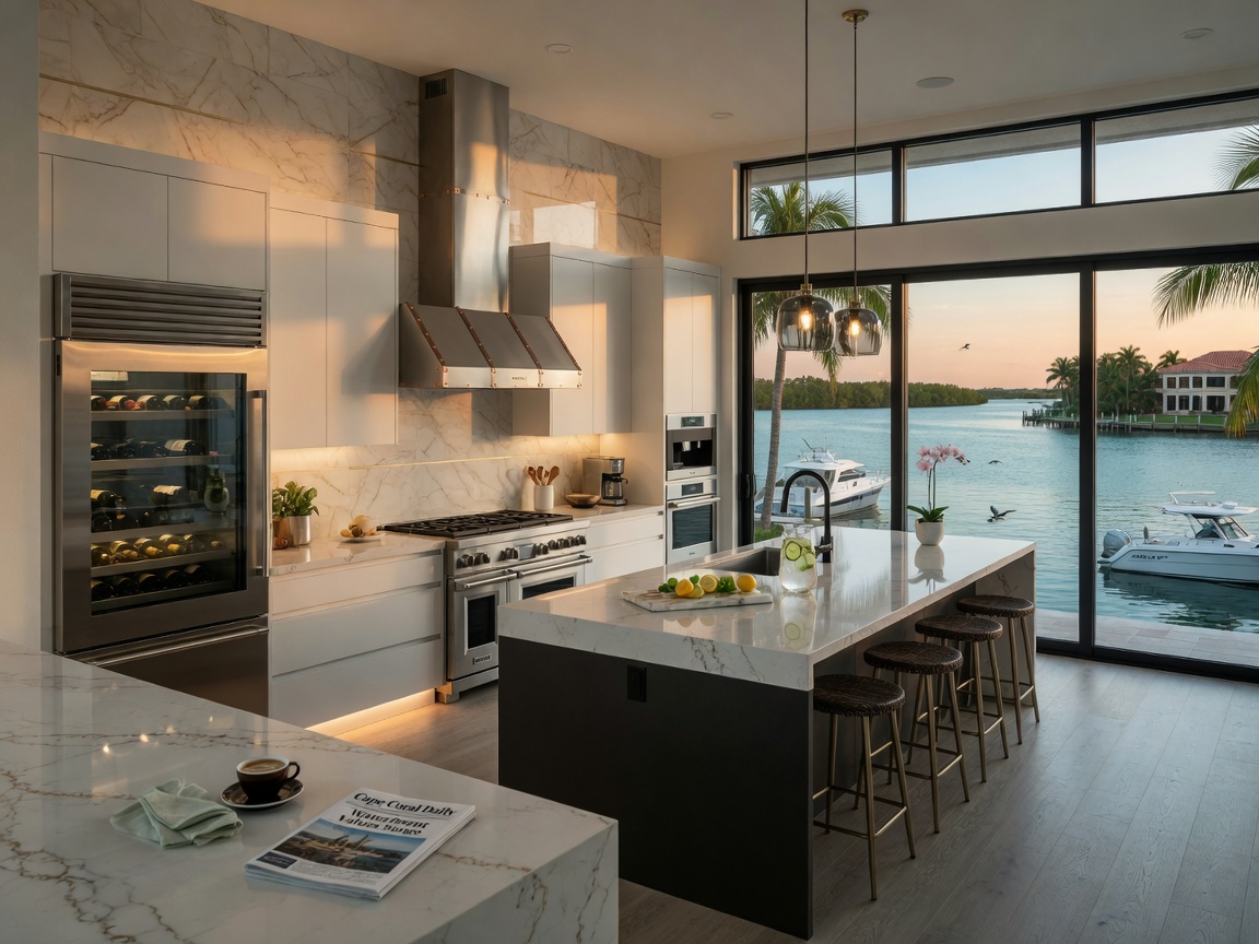 Ultra-realistic 8K photograph of a spacious modern kitchen in a high-end Cape Coral waterfront home featuring premium appliances, quartz countertops, and views of the water