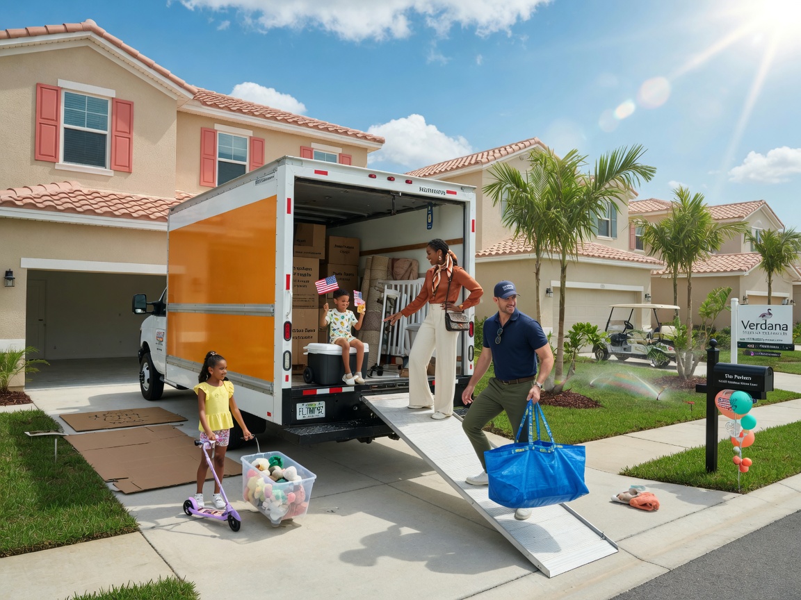 Ultra realistic 8K image of family unloading moving truck at new home in Verdana Village Estero Florida on a sunny day