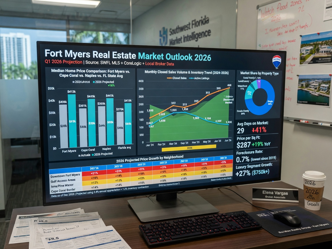 Ultra-realistic 8K image showing comparison charts and market data analytics for Fort Myers real estate market in 2026 displayed on a large professional monitor in an office setting