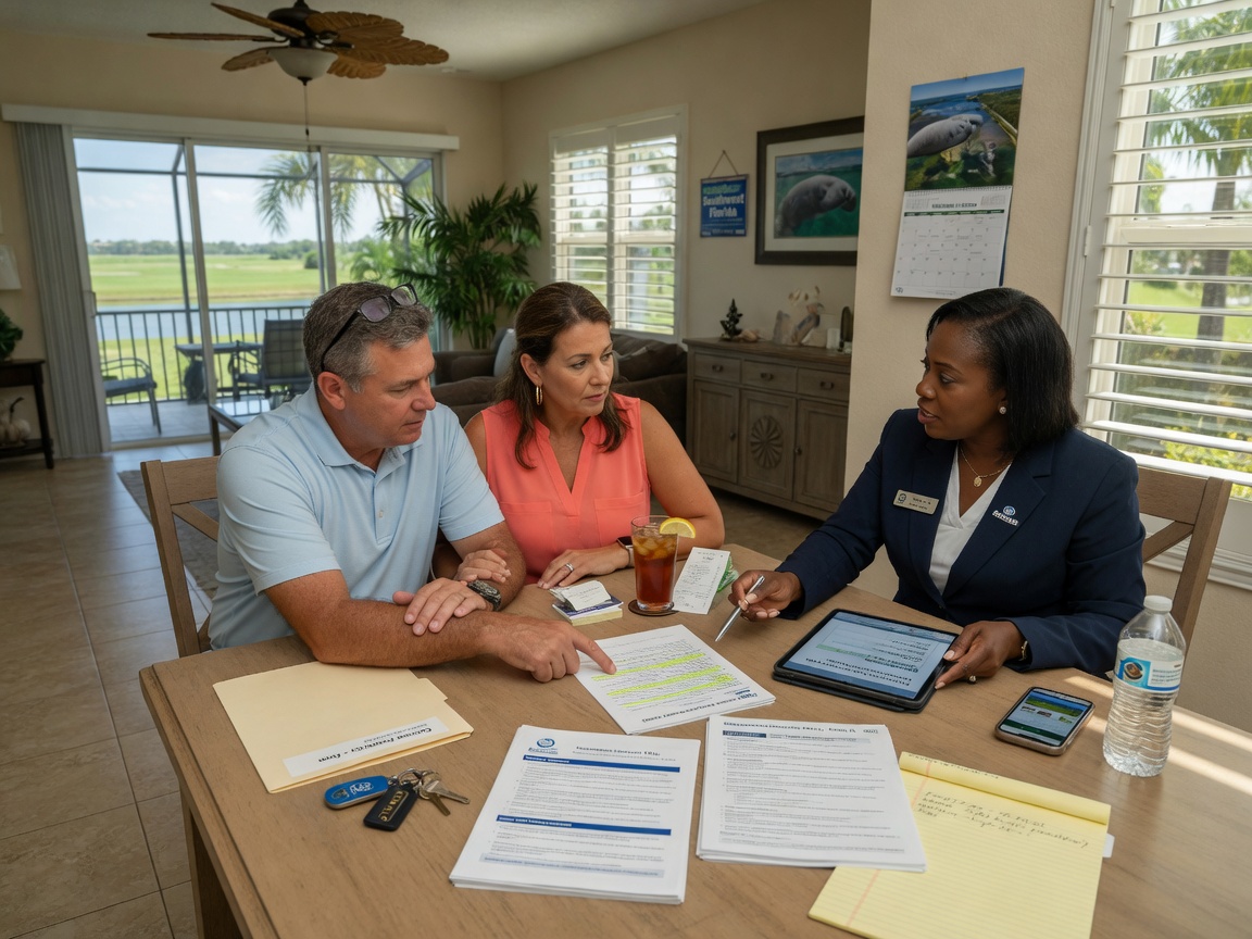 Realistic 8K photo of insurance agent discussing homeowners policy with couple at dining table in Estero Florida home