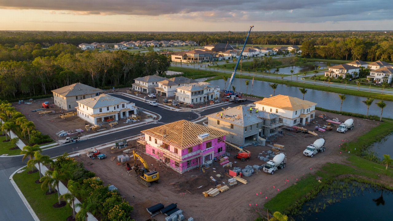 Ultra-realistic 8K aerial view of multiple new construction homes being built in an Estero master-planned community with construction equipment and lush Florida landscape
