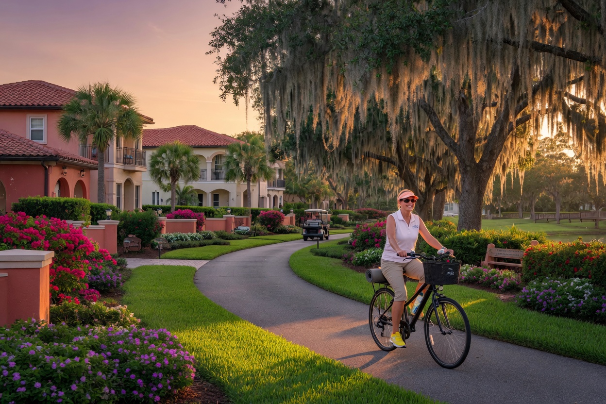 Ultra detailed 8K image of resident riding bicycle through beautifully landscaped Estero Florida community with Spanish moss on trees