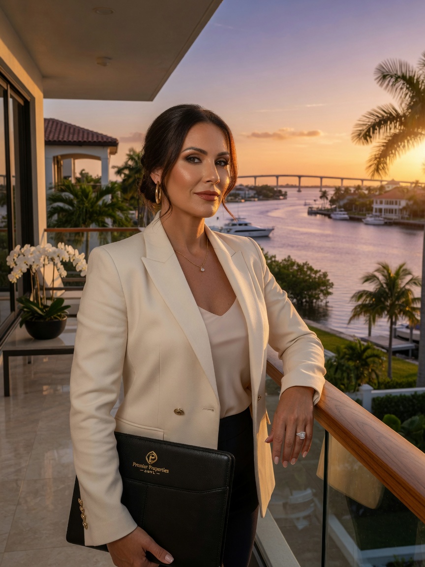 Ultra-realistic 8K portrait of a confident female real estate agent standing on a luxury home balcony overlooking the Caloosahatchee River in Fort Myers with professional attire