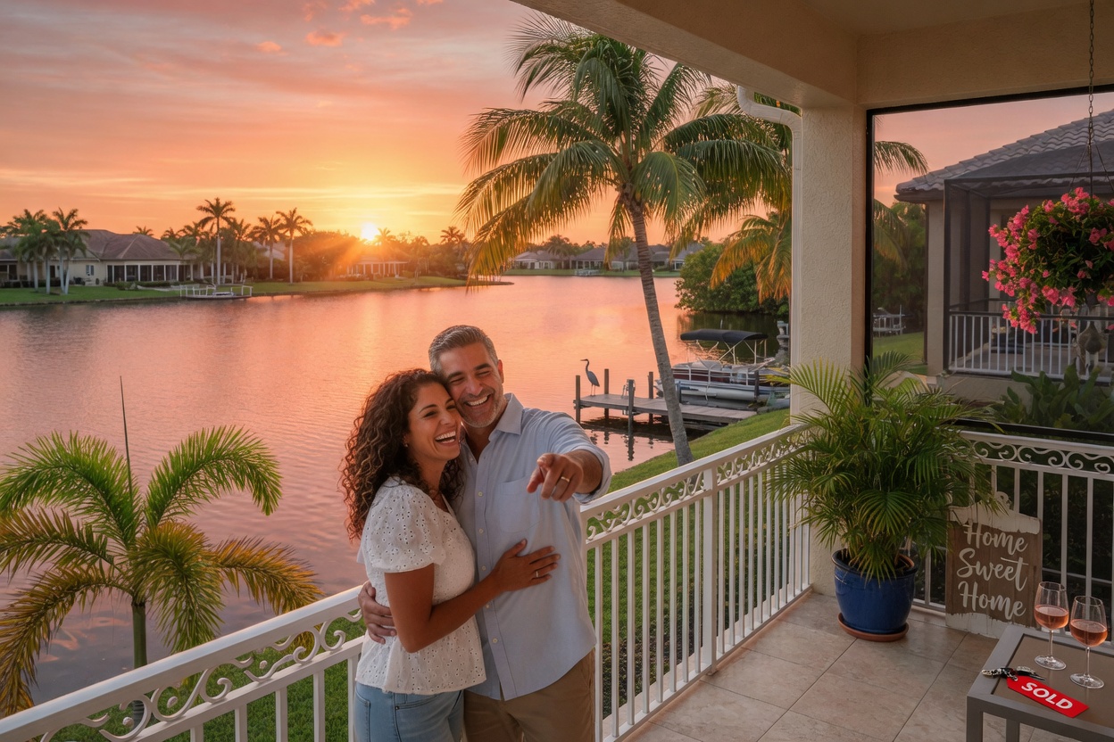 Realistic 8K photograph of happy couple standing on their new home lanai overlooking a lake in Estero Florida at golden hour with palms