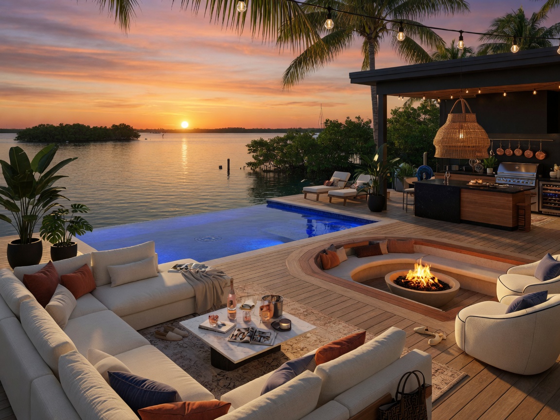Ultra-realistic 8K sunset image of a luxury waterfront pool deck in Fort Myers with outdoor kitchen, fire pit, comfortable seating, and dramatic golden hour lighting over the water