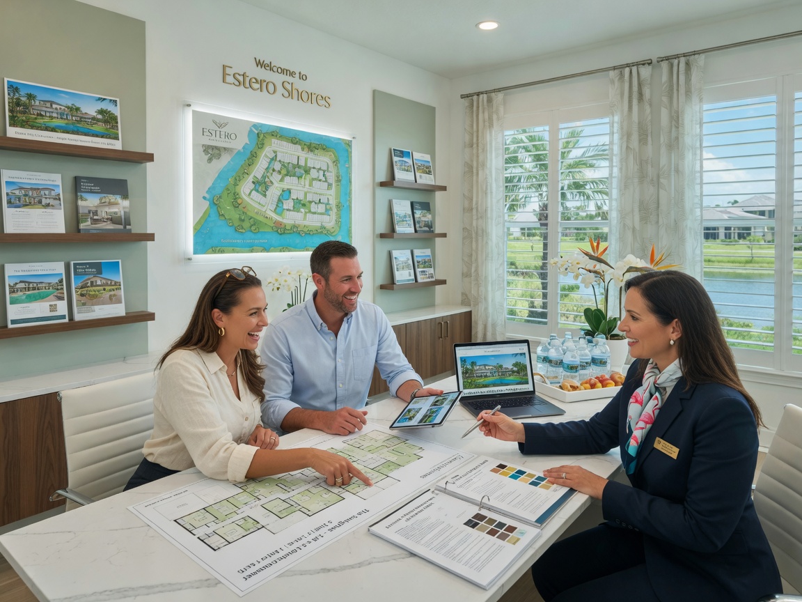 Realistic 8K image of a modern Estero Florida model home sales center interior with happy couple talking to realtor at desk discussing floor plans and documents