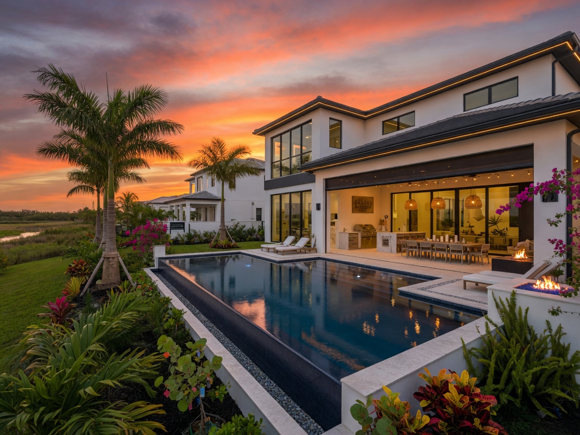 Ultra-realistic 8K image of a modern new construction luxury home in Estero Florida with tropical landscaping, infinity pool, and outdoor living space at sunset with dramatic sky colors
