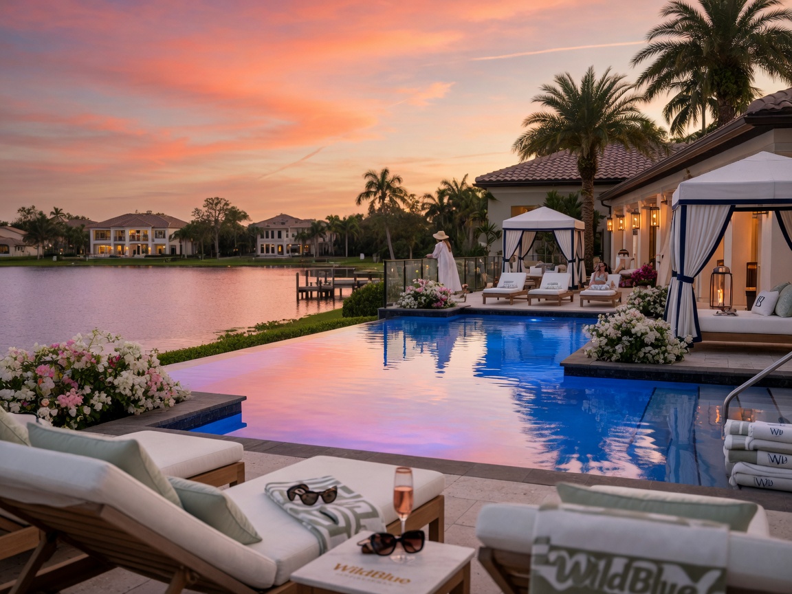 Ultra detailed 8K photo of luxurious community clubhouse pool area at WildBlue in Estero Florida with lake views and lounge chairs during sunset