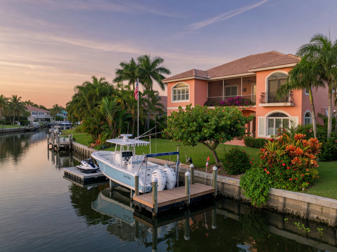 Ultra-realistic 8K photo of a beautiful canal-front home in Cape Coral Florida featuring a private dock, boat lift, seawall, and lush tropical vegetation with a luxury boat docked