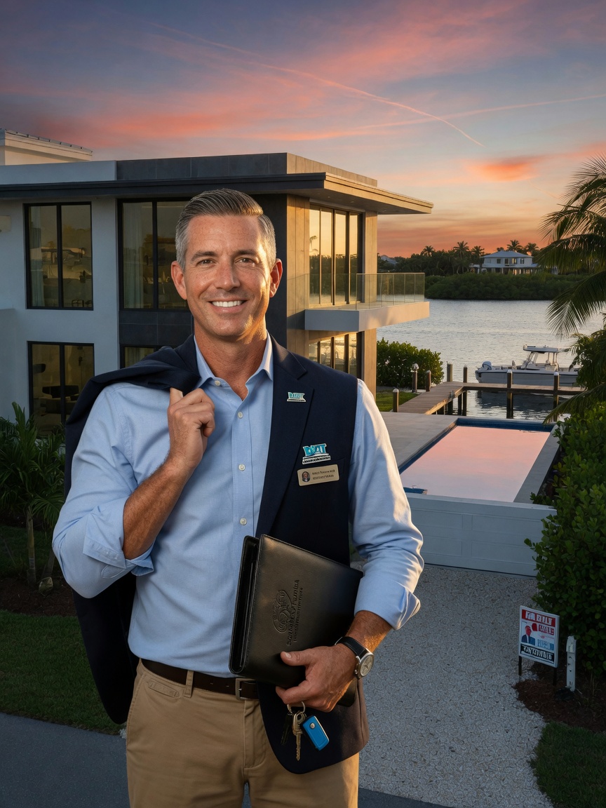 Ultra-realistic 8K portrait of a professional, friendly male real estate agent in business casual attire standing in front of a modern Southwest Florida waterfront property with a confident smile