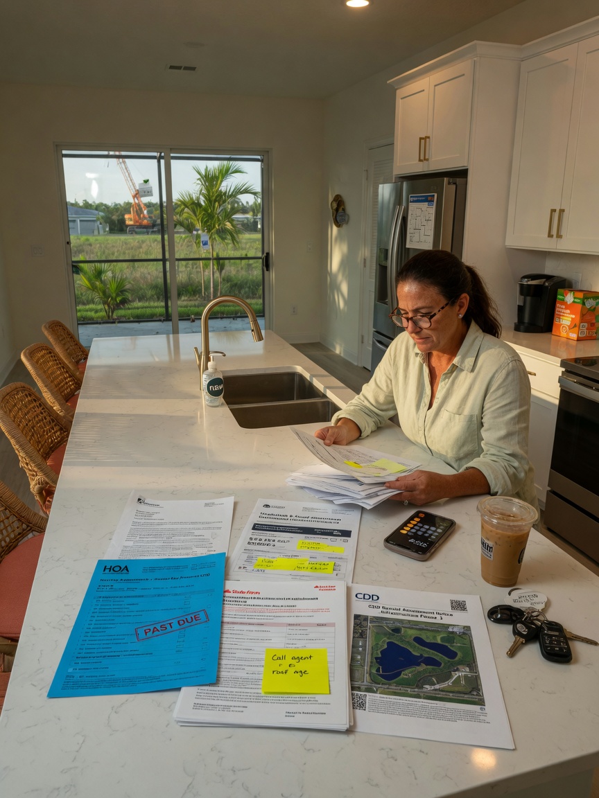 Ultra realistic 8K image of homeowner reviewing monthly HOA CDD and insurance documents at kitchen island in new Southwest Florida home
