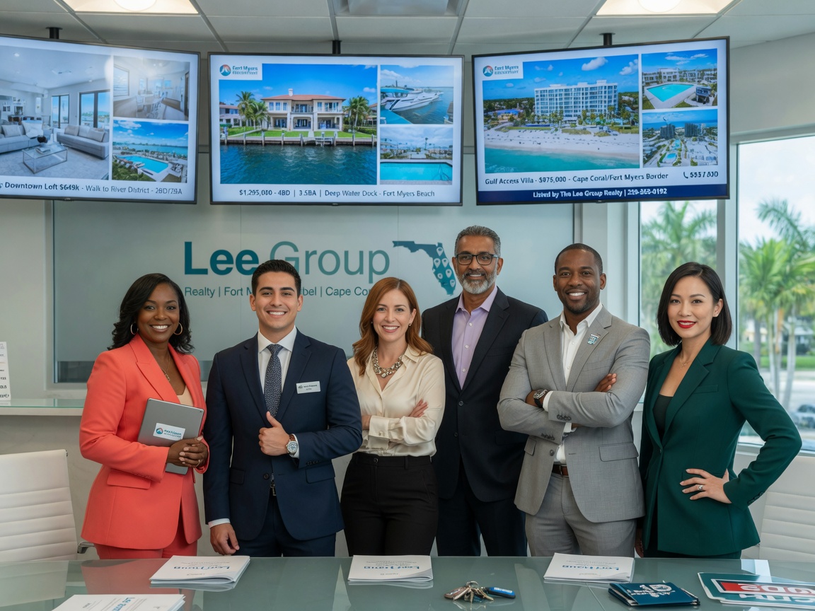 Ultra-realistic 8K image of a diverse real estate team of six professionals posing together in a bright modern office with Fort Myers real estate listings displayed on large monitors behind them