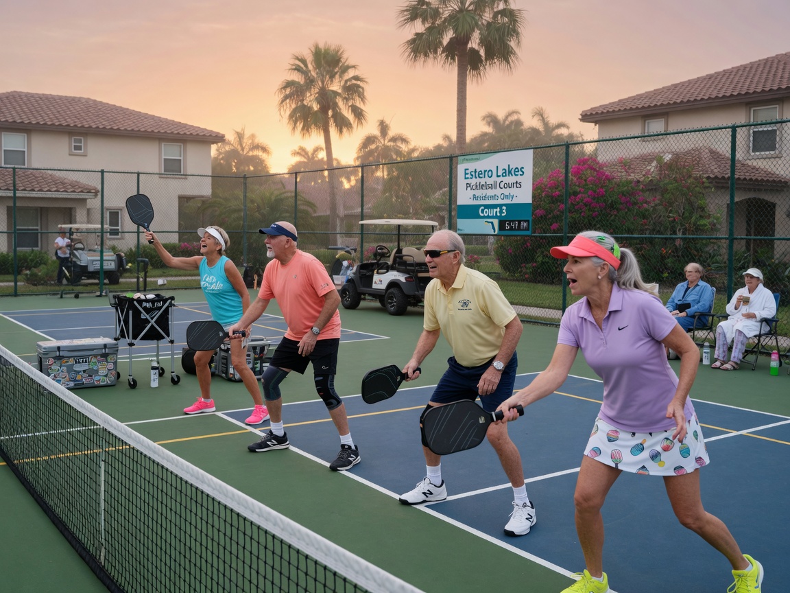 Realistic 8K photograph of early morning pickleball game at a Estero Florida community court with active seniors enjoying the game