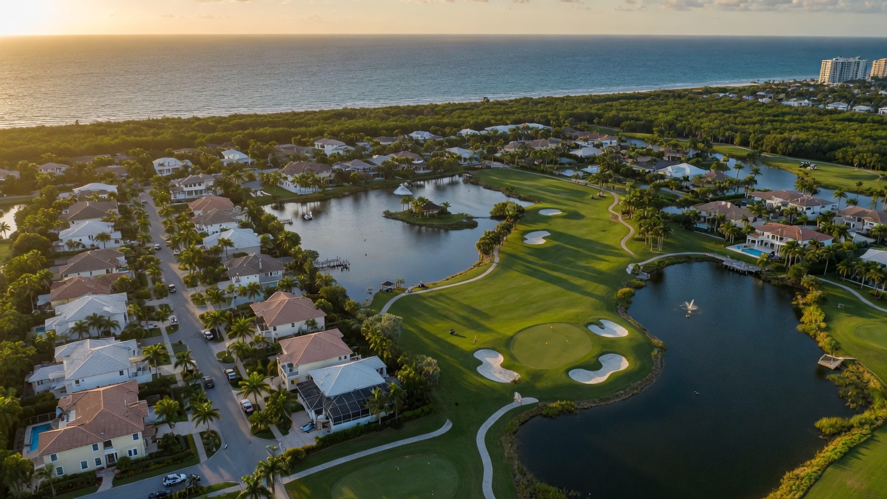 Ultra-realistic 8K aerial view of Bonita Springs Florida residential community showing luxury homes, golf course, lakes, and lush greenery with the Gulf of Mexico visible in the distance