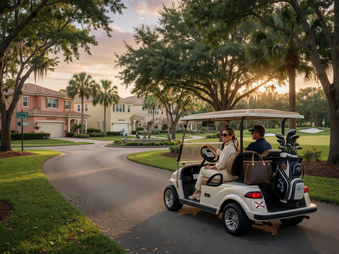 Ultra realistic 8K image of a golf cart driving through tree-lined streets in Grandezza golf community in Estero Florida