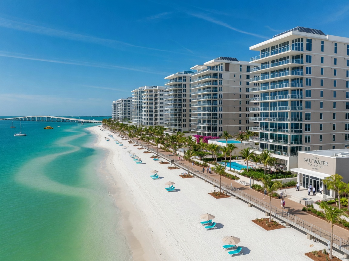 Ultra-realistic 8K photograph of Fort Myers Beach Florida after redevelopment showing new luxury beachfront condominiums, pristine white sand, and turquoise waters under bright blue skies