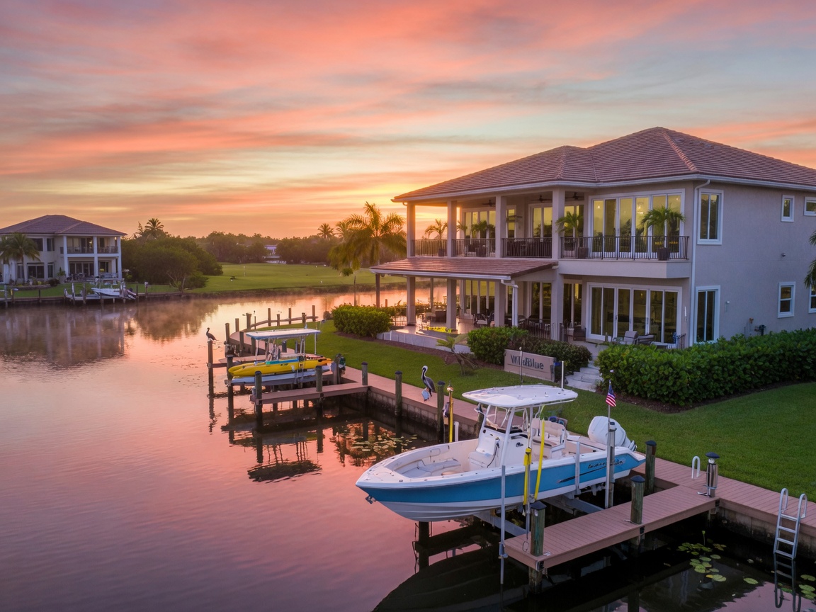 Realistic 8K photo of beautiful waterfront home with boat dock and lift at WildBlue community in Estero Florida at sunrise