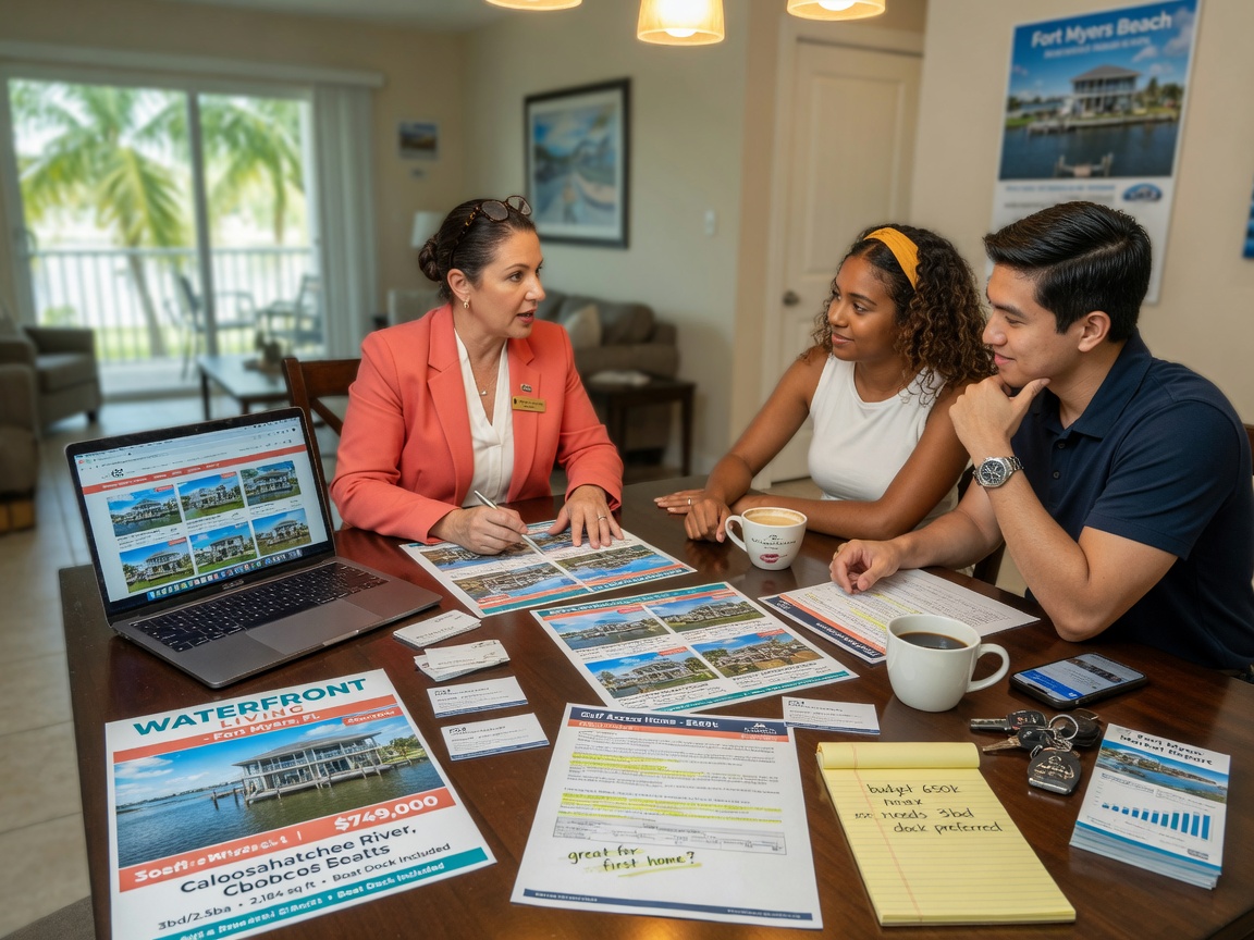Ultra-realistic 8K image of a professional real estate agent giving a consultation to a young couple at a dining table with Fort Myers property listings, laptop, and coffee