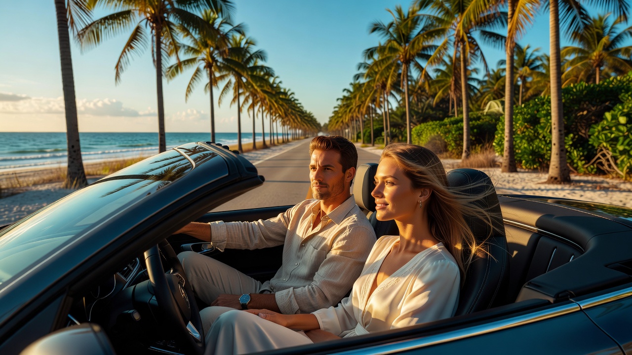 Ultra detailed 8K image of couple driving on scenic road to Lovers Key State Park beach from Estero Florida with palm trees lining the road