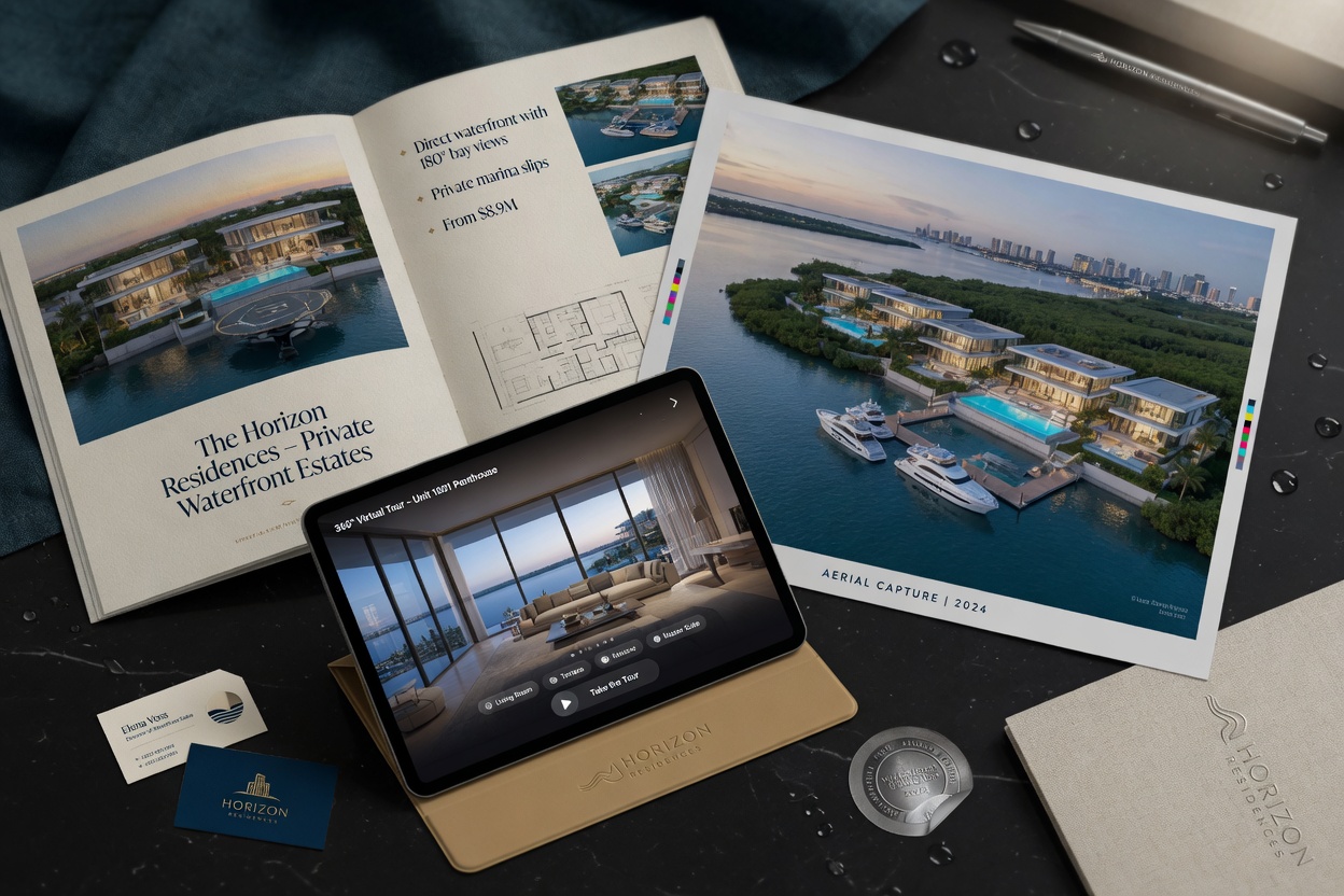 Ultra-realistic 8K close-up of luxury waterfront real estate marketing materials including high-end brochures, drone photography, virtual tour tablet, and elegant branding