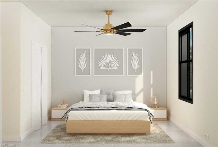 Bedroom featuring ceiling fan and light tile flooring