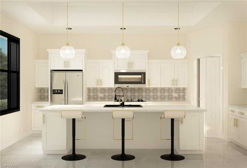 Kitchen featuring decorative light fixtures, appliances with stainless steel finishes, tasteful backsplash, and a kitchen island with sink