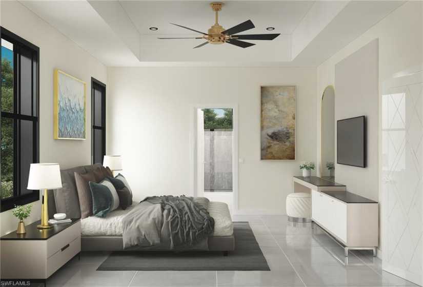 Bedroom with tile floors, ceiling fan, and a raised ceiling