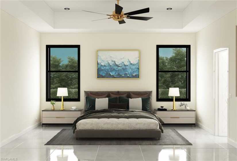 Tiled bedroom with ceiling fan and a raised ceiling