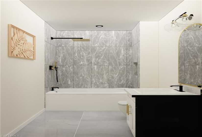 Full bathroom featuring tile floors, vanity, toilet, and tiled shower / bath combo