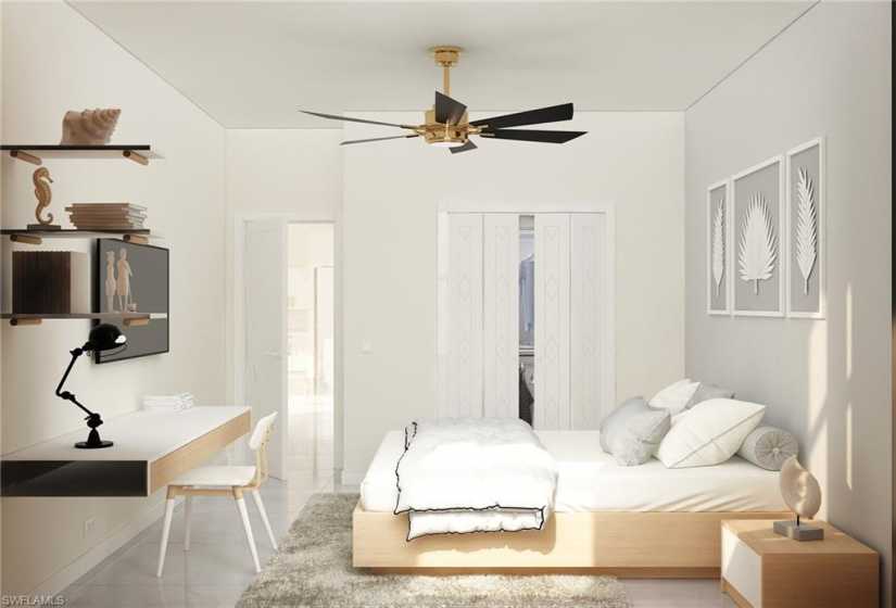 Tiled bedroom featuring ceiling fan