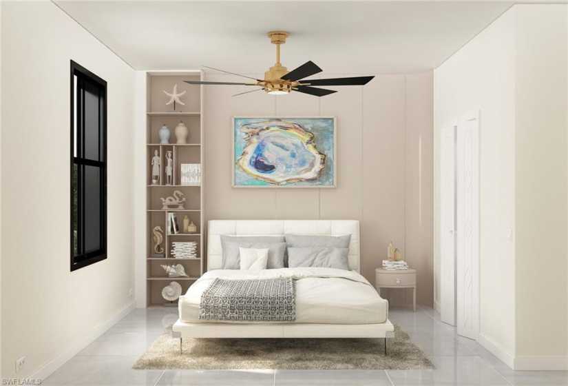 Bedroom featuring tile flooring and ceiling fan