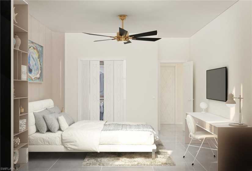 Bedroom with tile flooring and ceiling fan