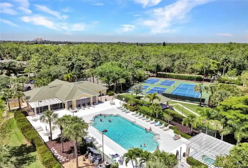 Aerial view of the pool and tennis AND pickle ball courts.