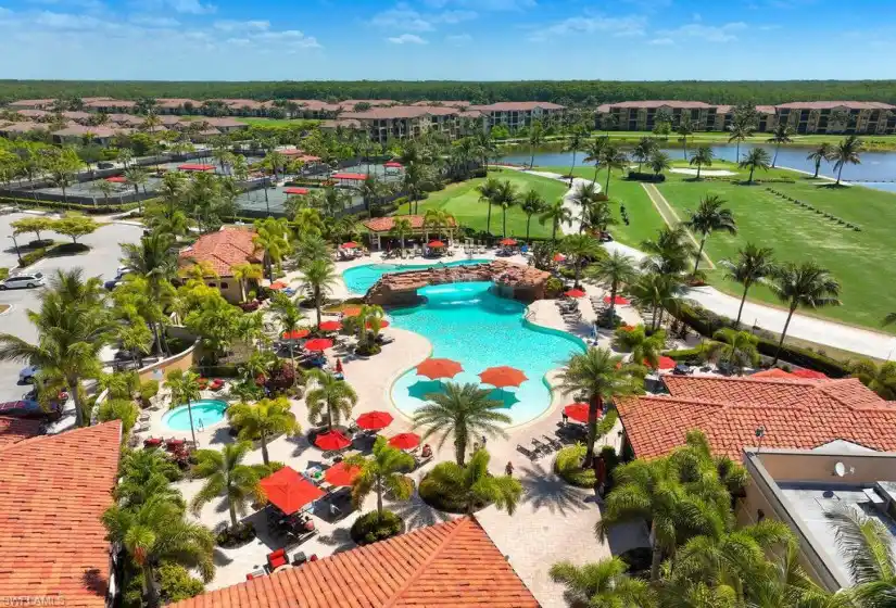 Aerial view of resort pool area with full service bar and restaurant.